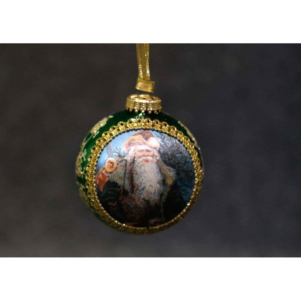 VTG 1994 Christmas by Krebs Ornament Set 2 Pcs Santa on Silk Green & Gold W/Box